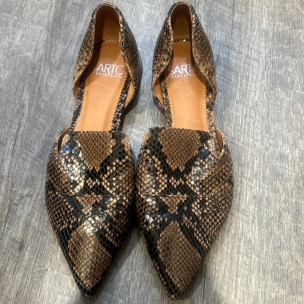 Franco Sarto Brown and Black Snakeskin Pointed Toe Flats